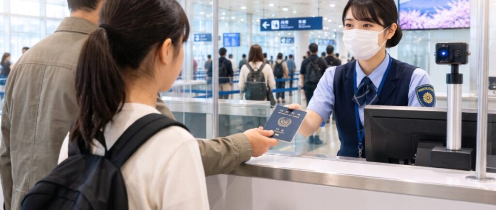 在日本機場入境檢查櫃檯出示護照的情景