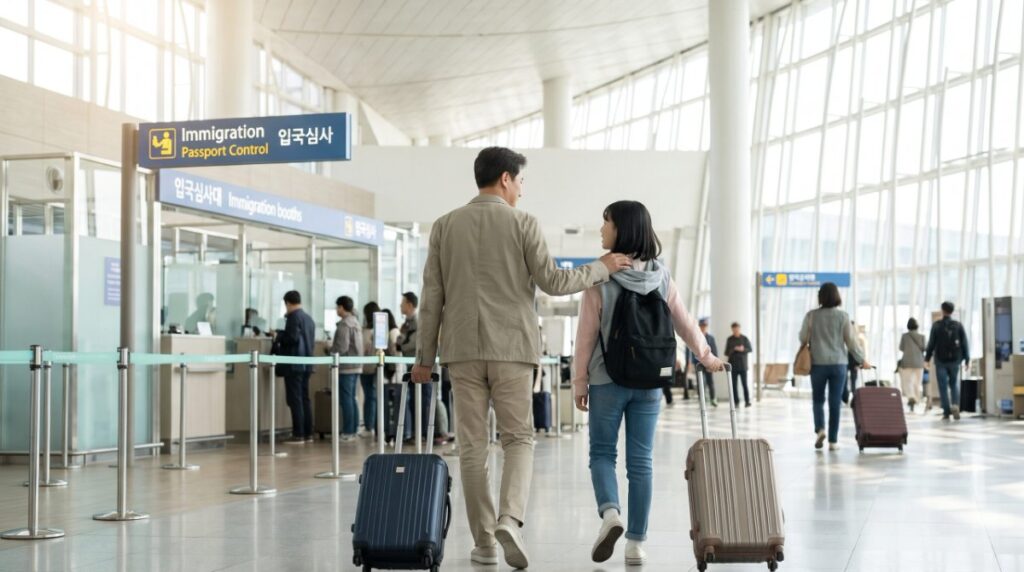 空港でスーツケースを引いて一緒に歩く家族
