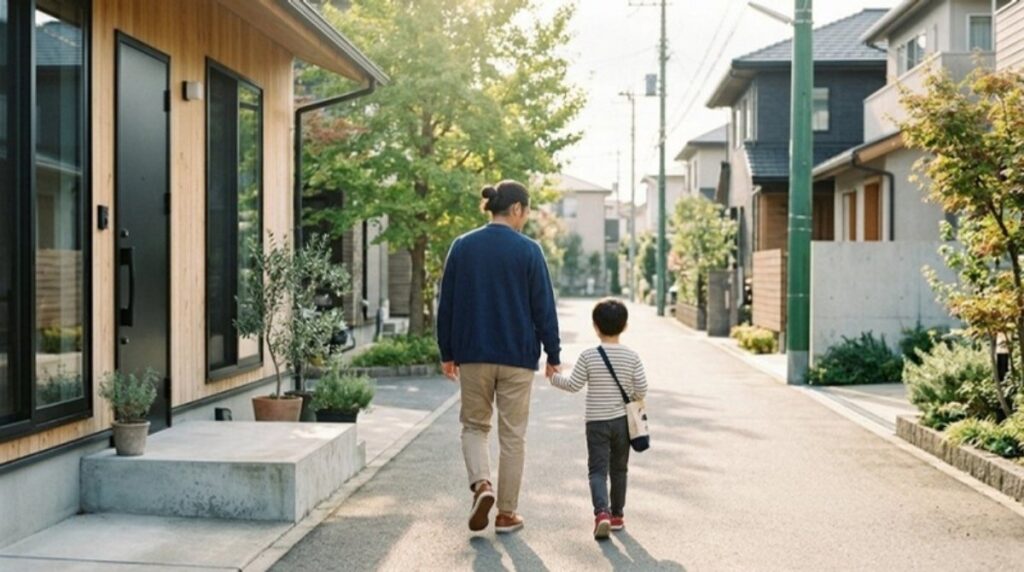 朝の住宅街を手をつないで歩く親子の後ろ姿