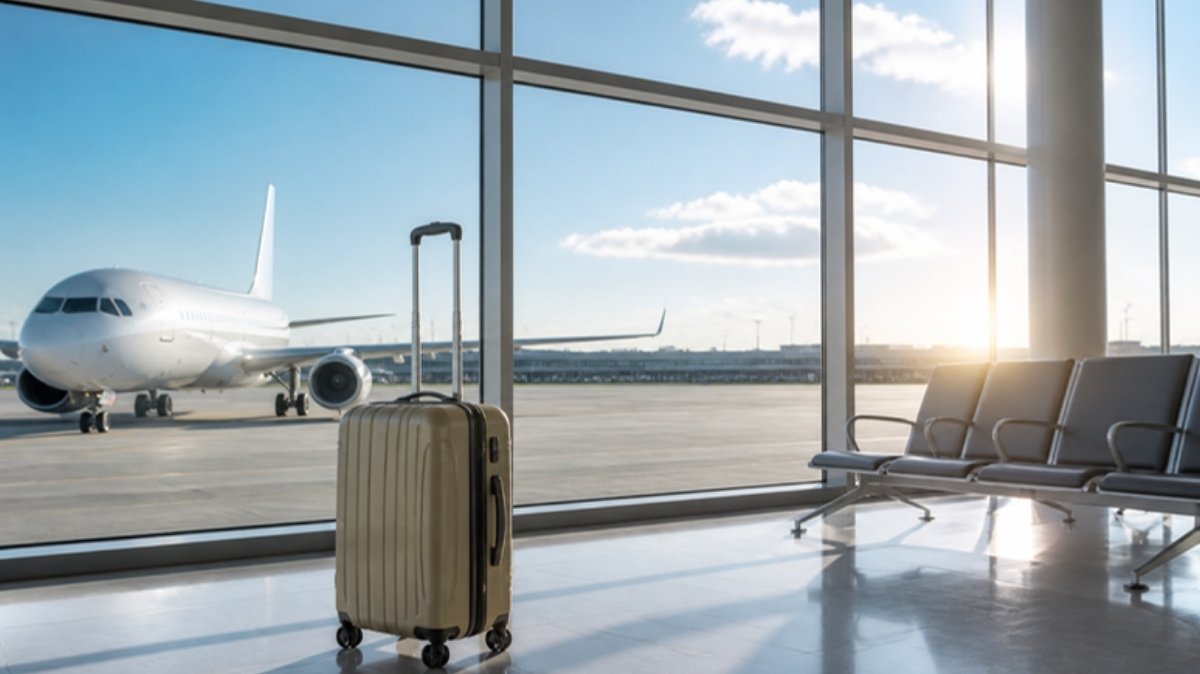 晴れた朝の空港の出発ゲート。窓の外に飛行機が見え、スーツケースが置かれている様子 – 来日準備のイメージ